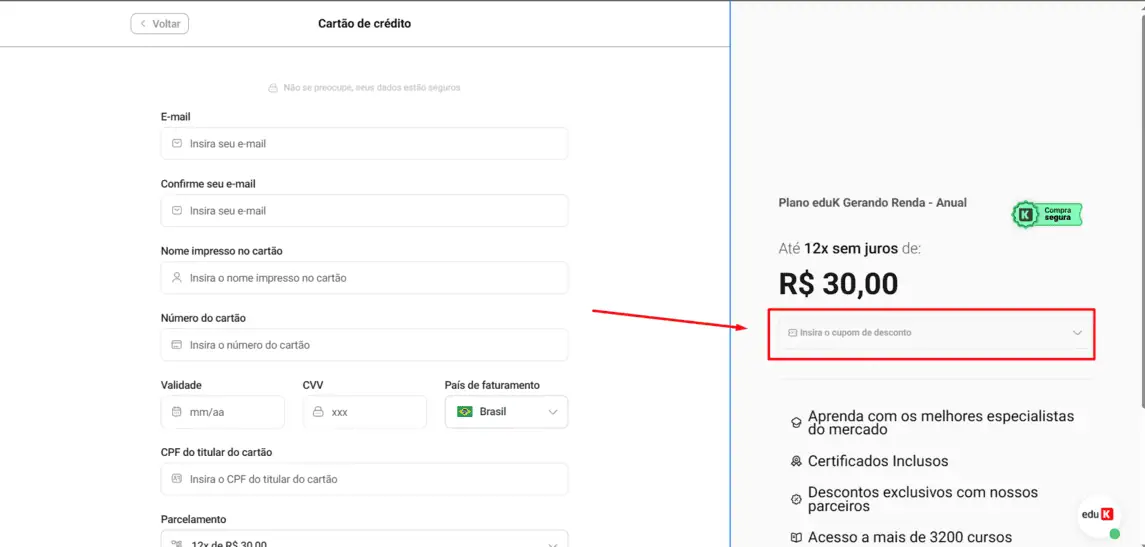 Onde inserir cupom de desconto EduK