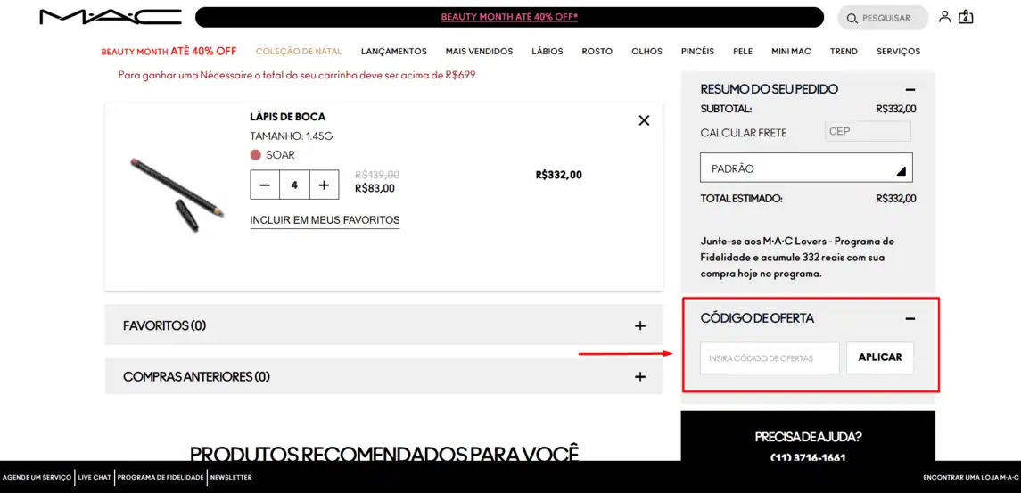 Onde inserir cupom de desconto MAC