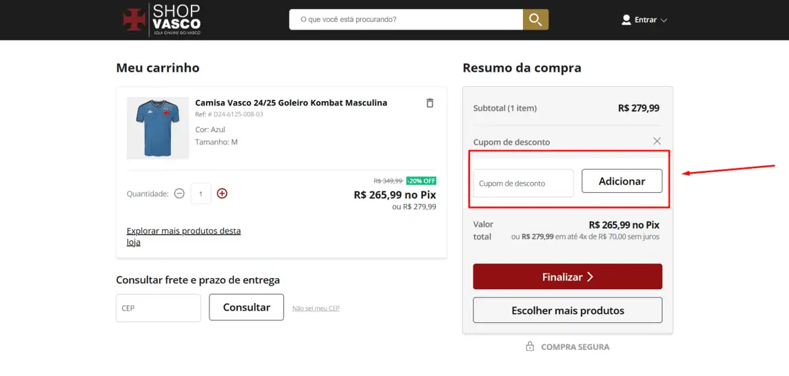 Onde inserir cupom de desconto Shop Vasco