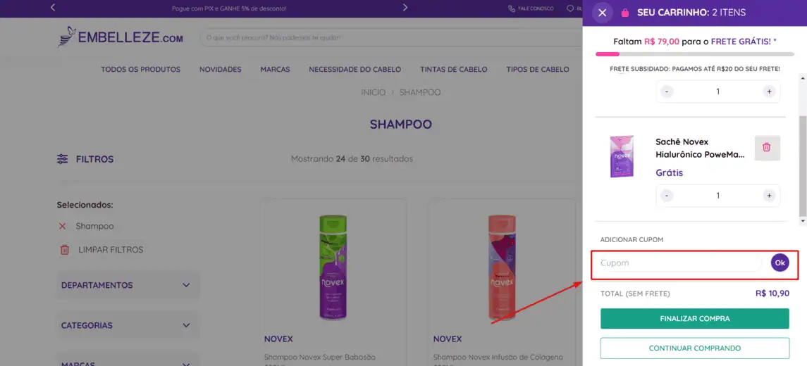 Onde inserir cupom de desconto Embelleze