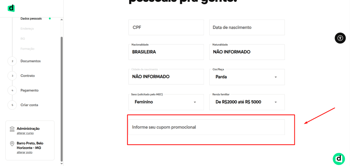 Onde inserir cupom de desconto Descomplica Faculdade