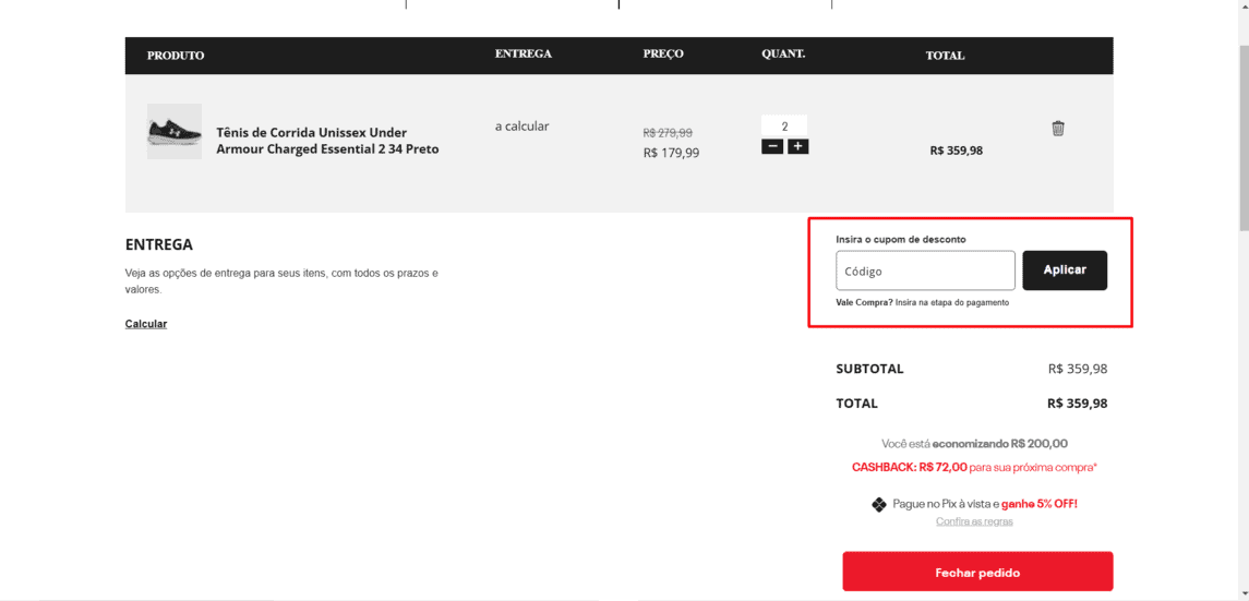 Onde inserir cupom de desconto Under Armour