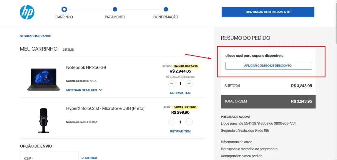 Onde inserir cupom de desconto HP Store