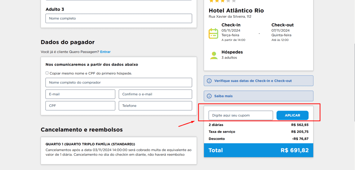 Onde inserir cupom de desconto Quero Passagem