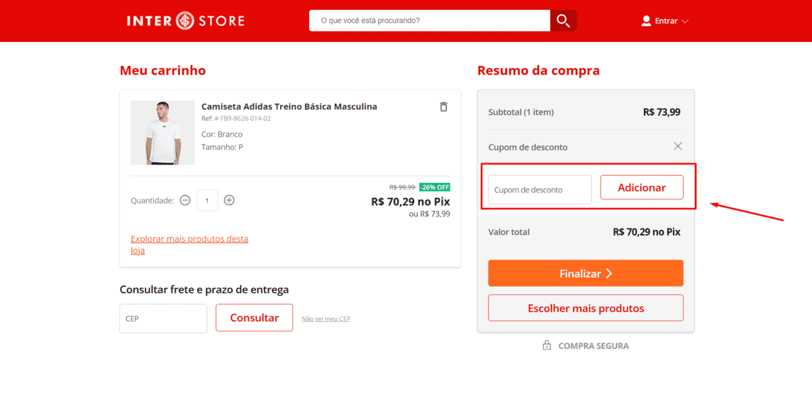 Onde inserir cupom de desconto Loja do Inter
