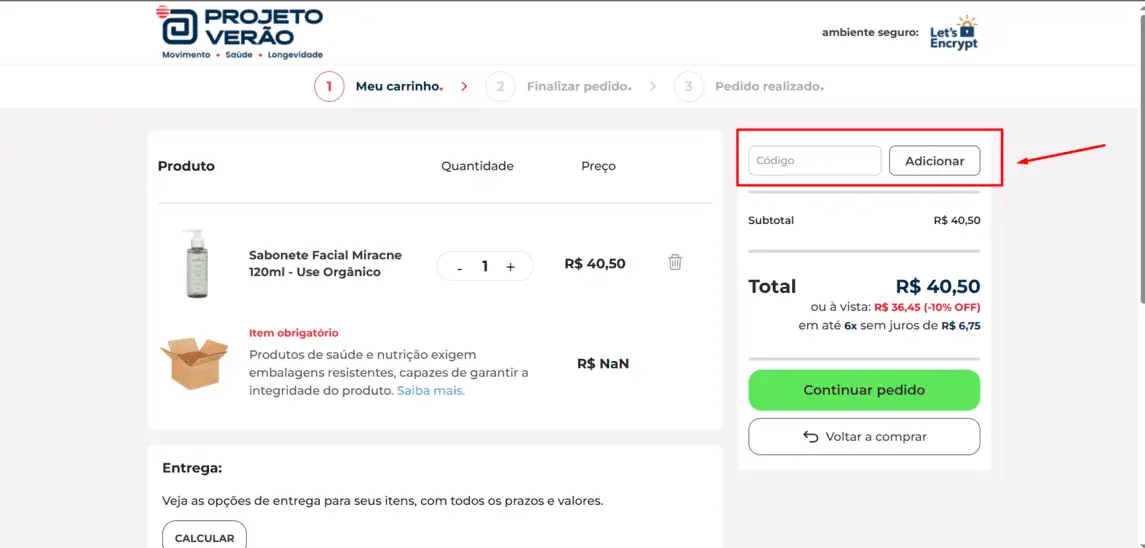 Onde inserir cupom de desconto Projeto Verão