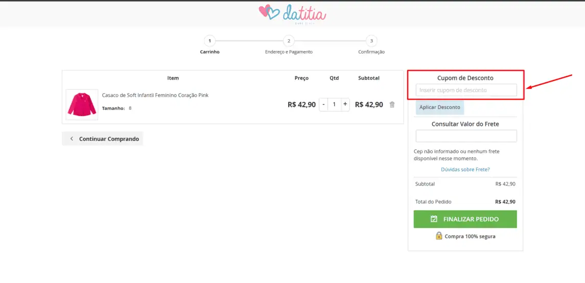 Onde inserir cupom de desconto DaTitia