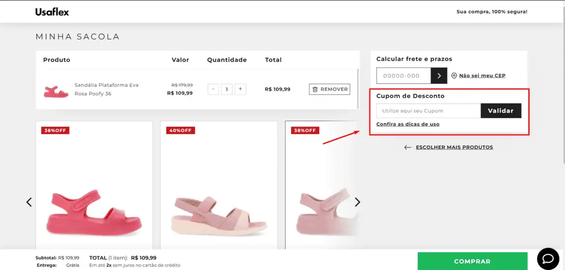 Onde inserir cupom de desconto Usaflex