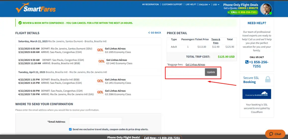 Onde inserir cupom de desconto SmartFares
