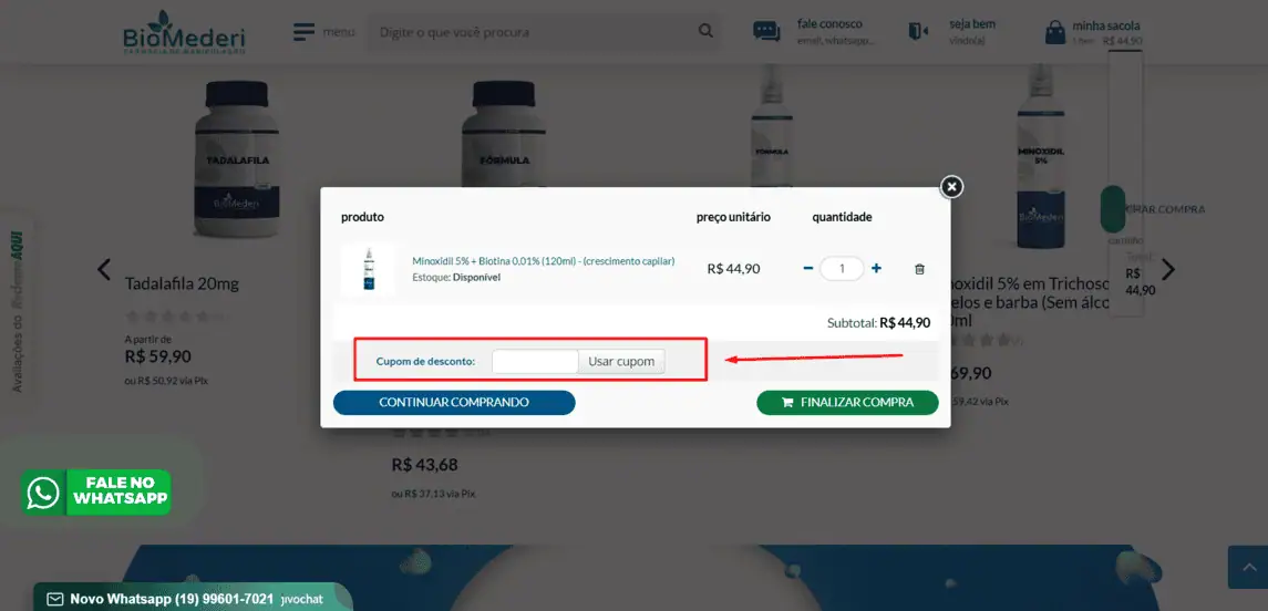 Onde inserir cupom de desconto BioMederi