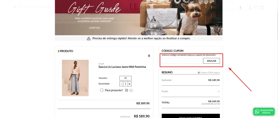 Onde inserir cupom de desconto Le Lis Blanc