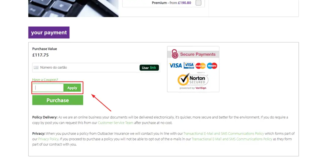 Onde inserir cupom de desconto Outbacker Insurance