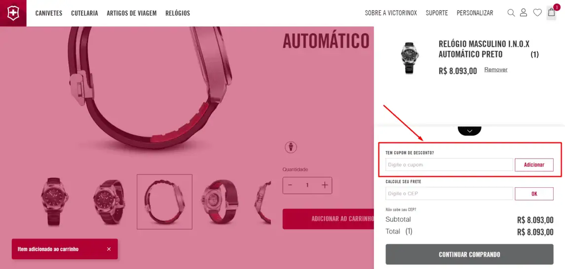 Onde inserir cupom de desconto Victorinox