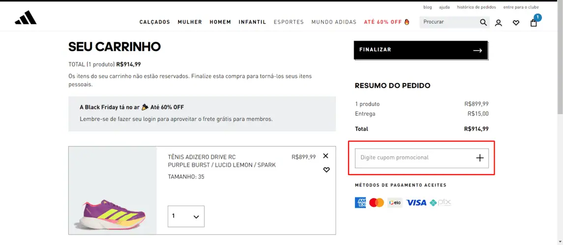 Onde inserir cupom de desconto Adidas