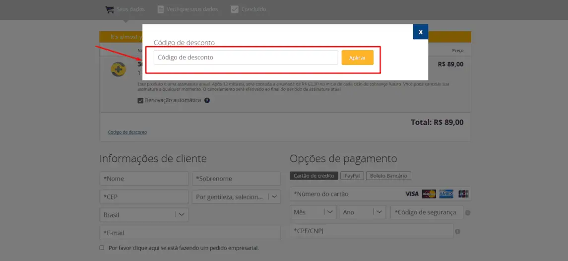 Onde inserir cupom de desconto 360 Total Security