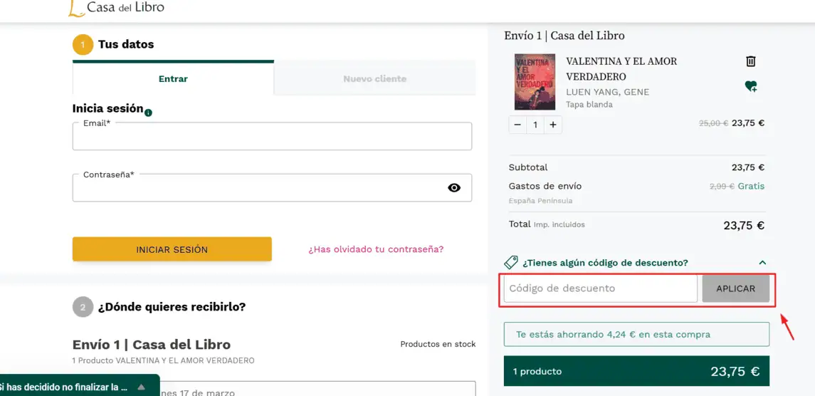 Onde inserir cupom de desconto Casa del Libro