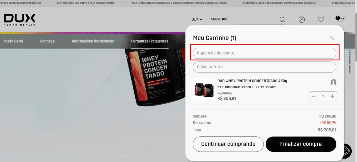 Onde inserir cupom de desconto DUX Nutrition