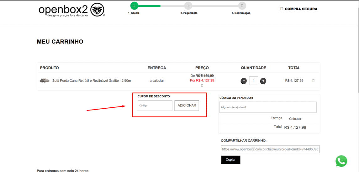 Onde inserir cupom de desconto OpenBox2