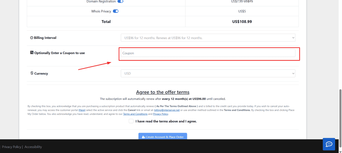 Onde inserir cupom de desconto Interserver