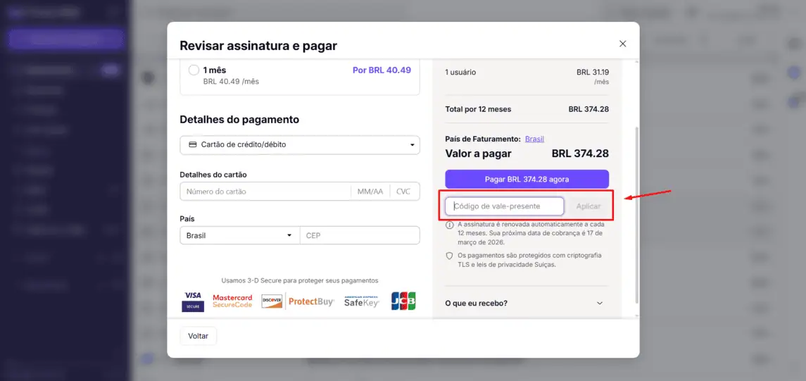 Onde inserir cupom de desconto Proton Partners Program