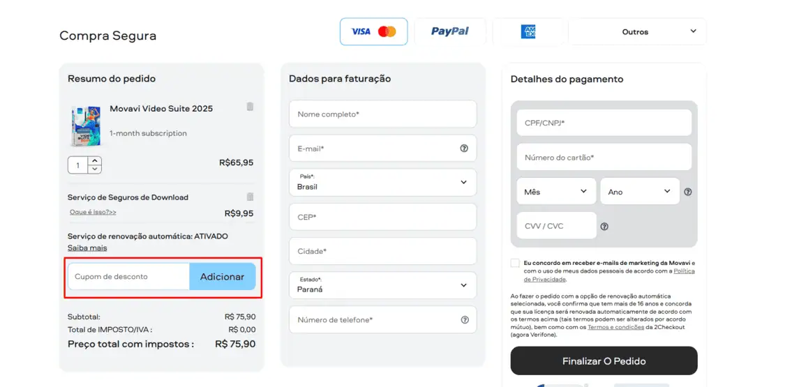Onde inserir cupom de desconto Movavi