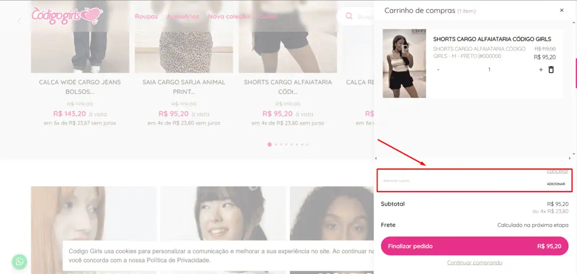 Onde inserir cupom de desconto Código Girls