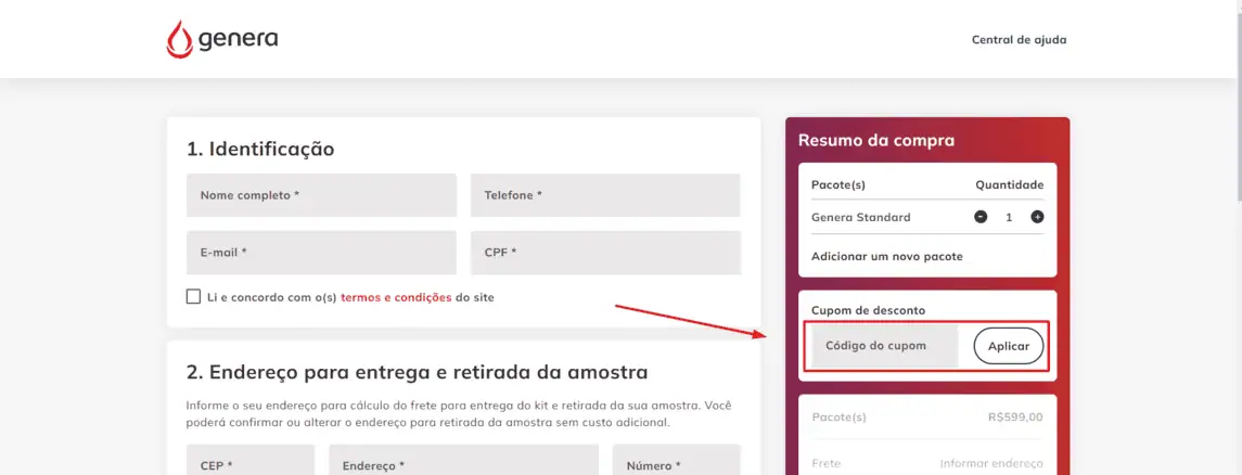 Onde inserir cupom de desconto Genera