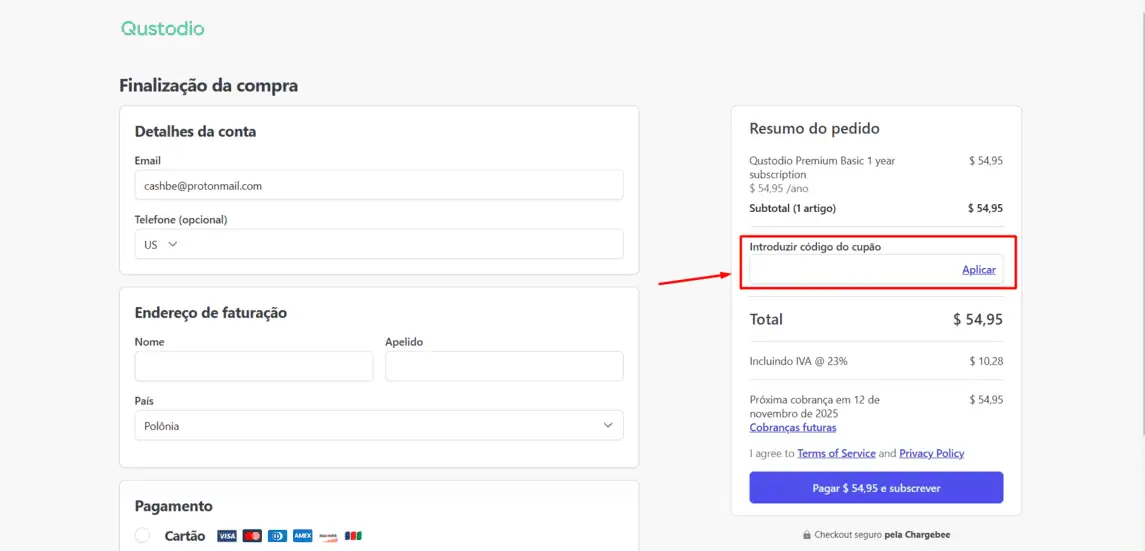 Onde inserir cupom de desconto Qustodio
