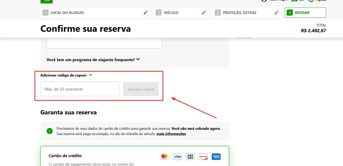 Onde inserir cupom de desconto Europcar