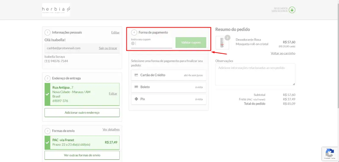 Onde inserir cupom de desconto Herbia