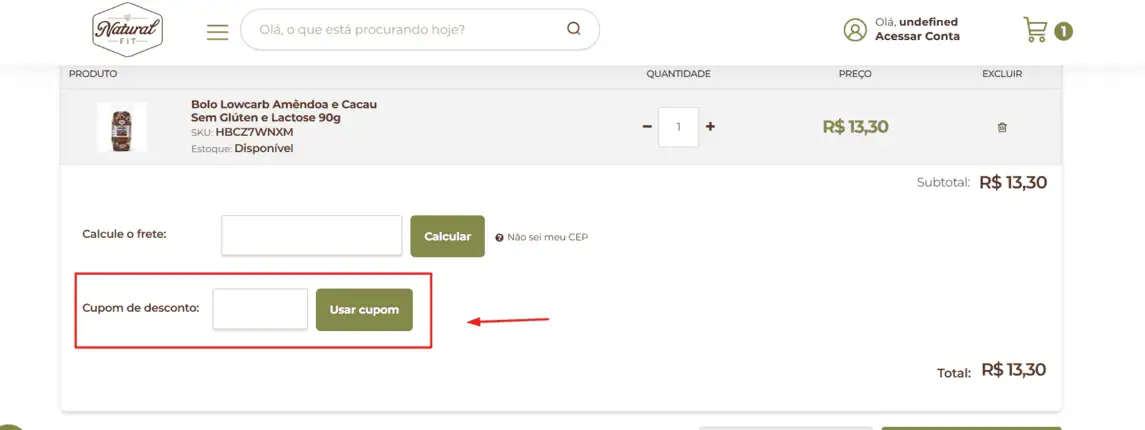 Onde inserir cupom de desconto Natural Fit