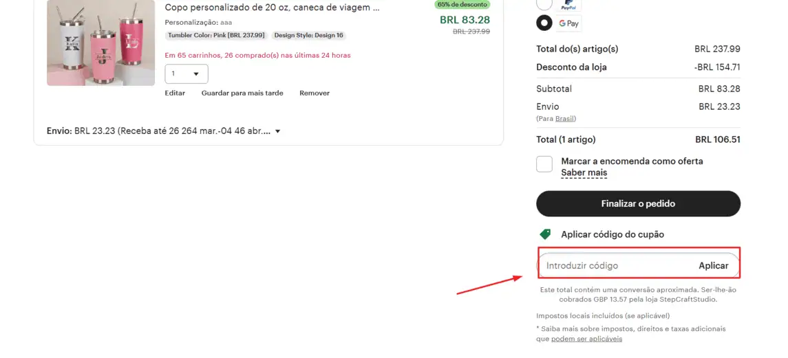 Onde inserir cupom de desconto Etsy
