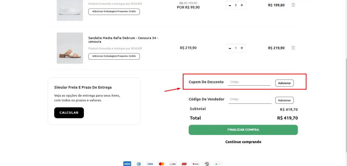 Onde inserir cupom de desconto Soulier