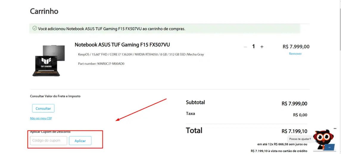 Onde inserir cupom de desconto Asus