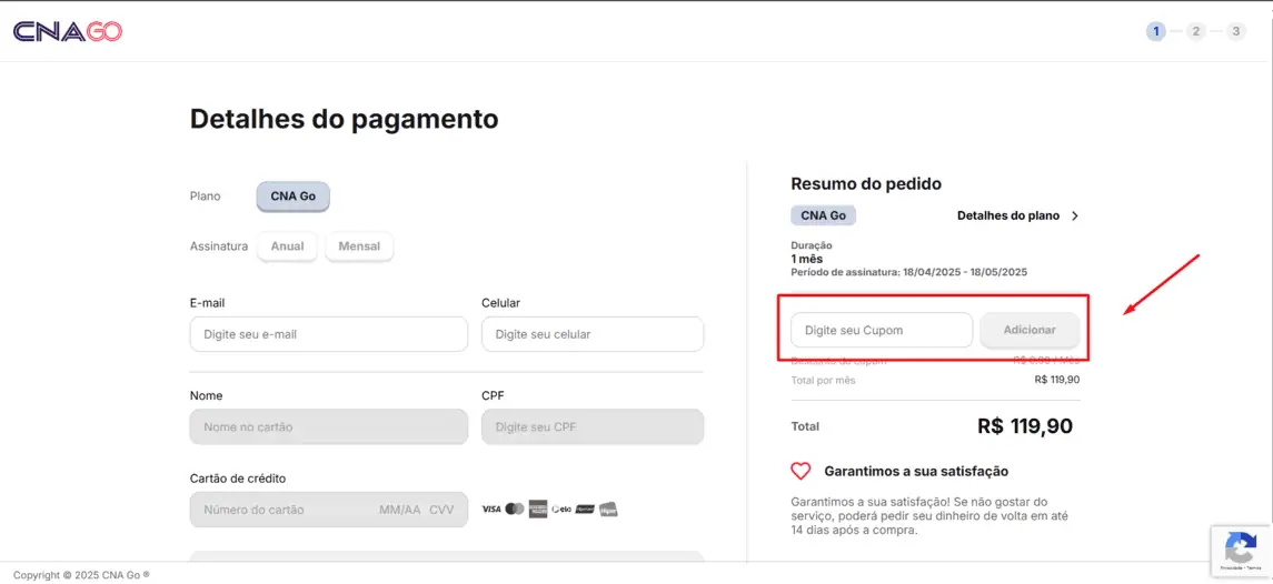 Onde inserir cupom de desconto CNA Go