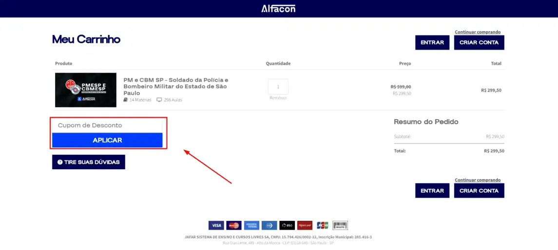 Onde inserir cupom de desconto AlfaCon