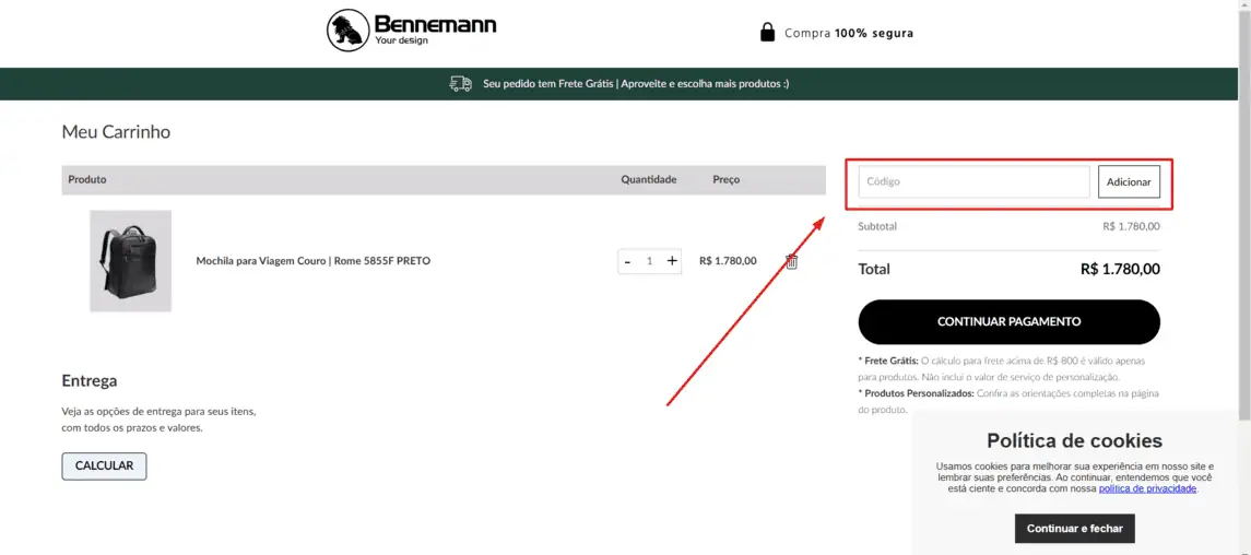 Onde inserir cupom de desconto Bennemann
