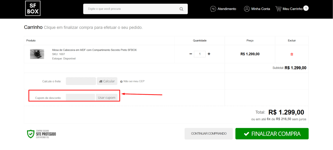 Onde inserir cupom de desconto SFBOX