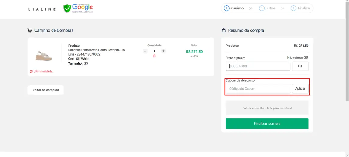 Onde inserir cupom de desconto Lia Line