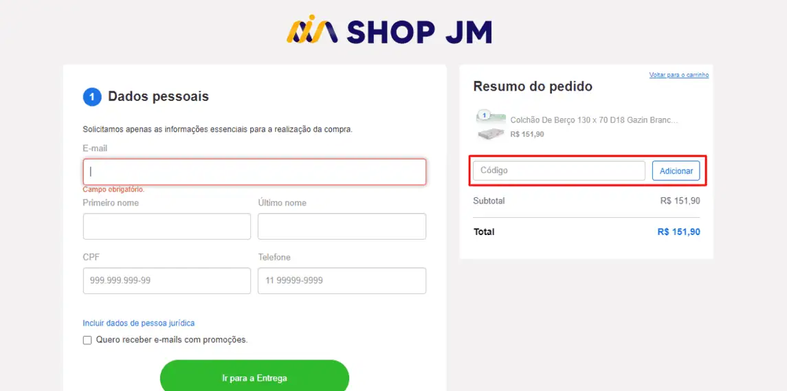 Onde inserir cupom de desconto Shop JM