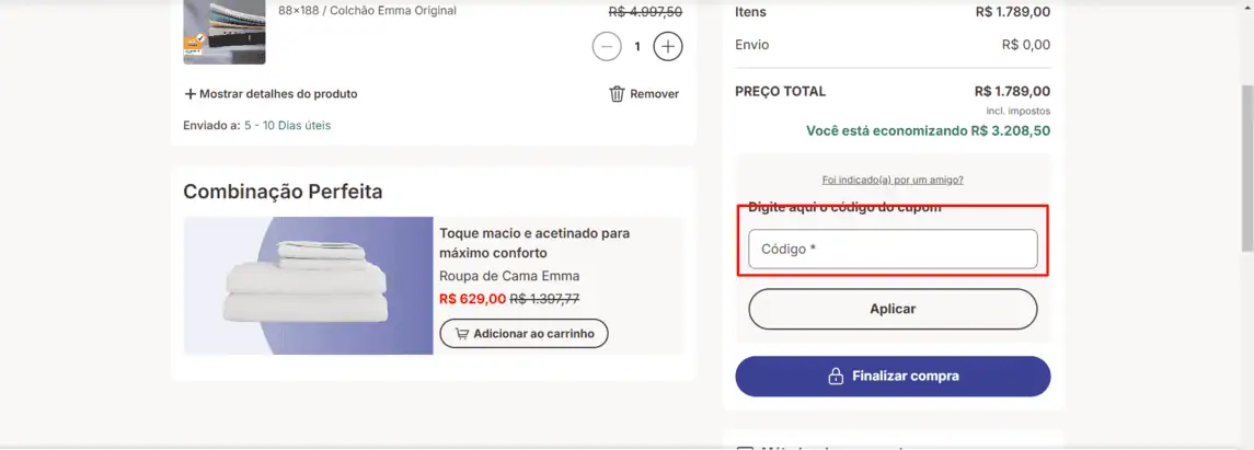 Onde inserir cupom de desconto Colchão Emma