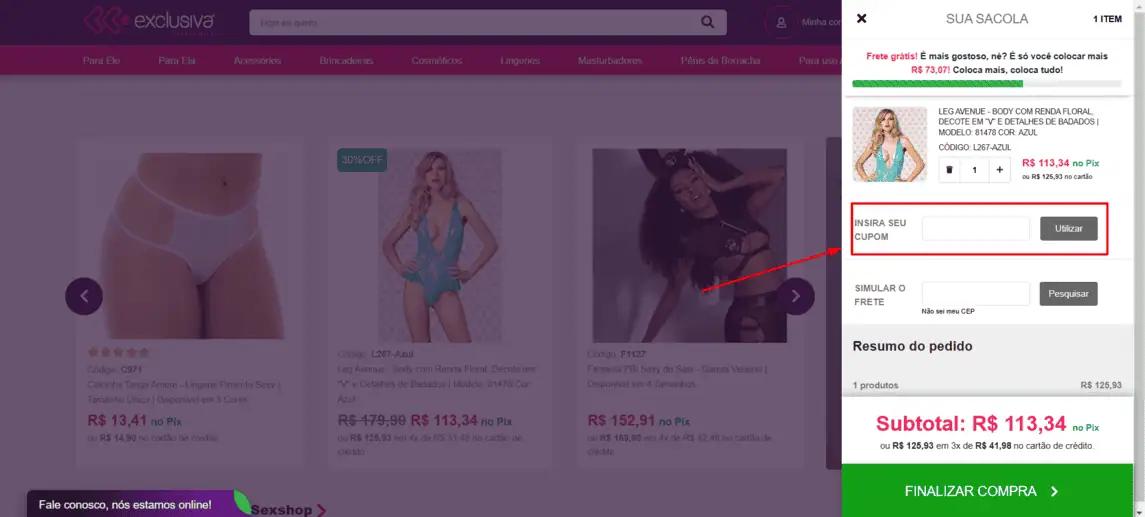 Onde inserir cupom de desconto Exclusiva Sex