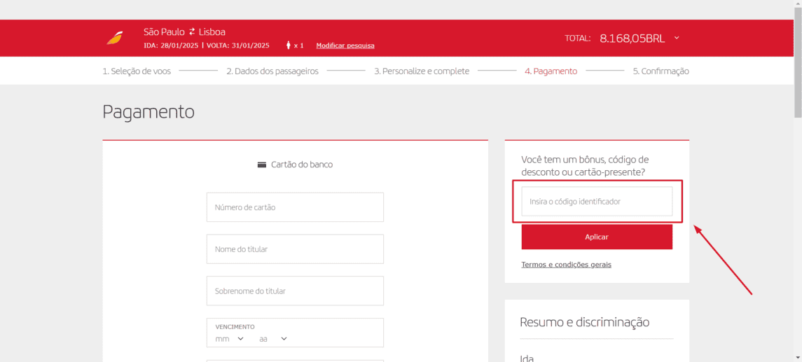 Onde inserir cupom de desconto IBERIA