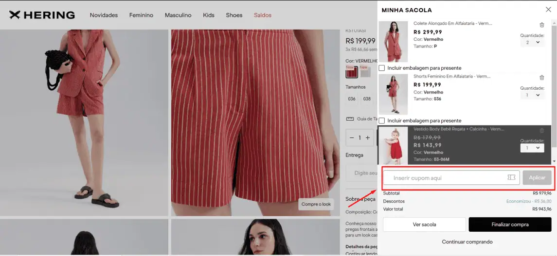 Onde inserir cupom de desconto Hering Store