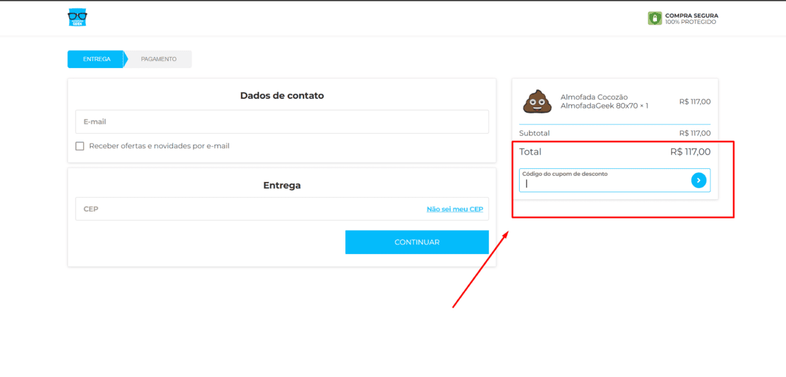 Onde inserir cupom de desconto Almofada Geek
