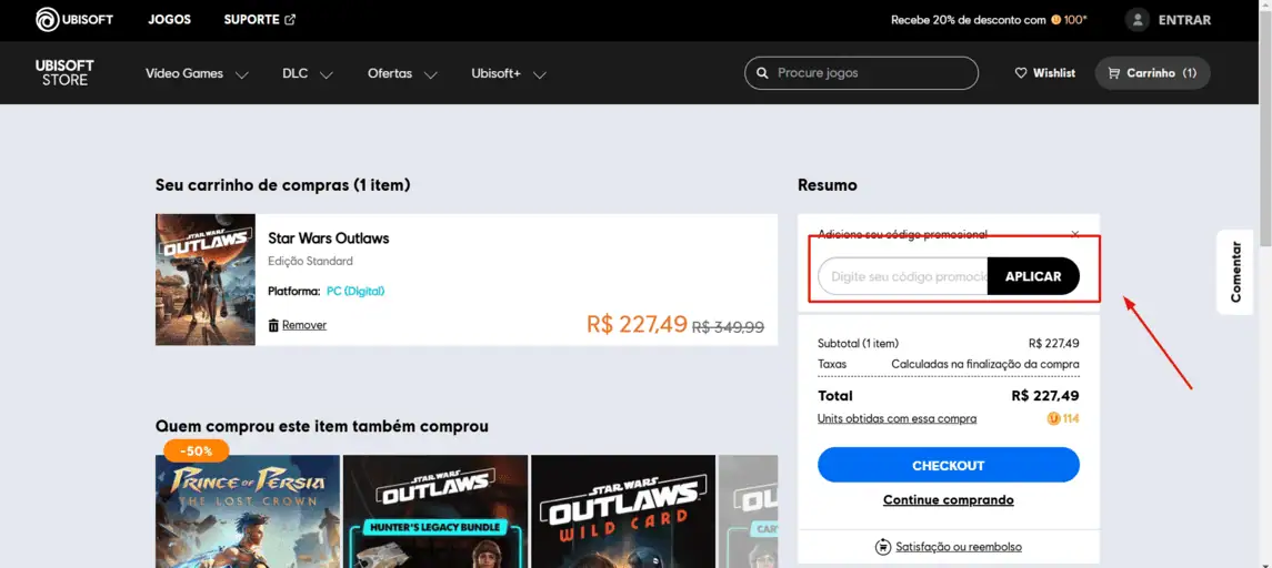 Onde inserir cupom de desconto Ubisoft Store