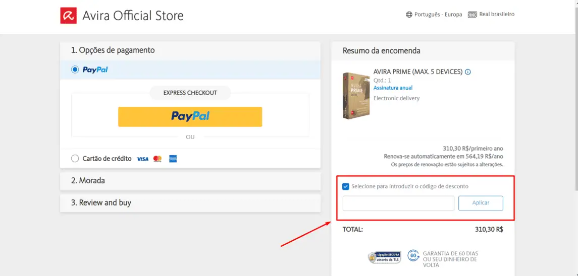 Onde inserir cupom de desconto Avira