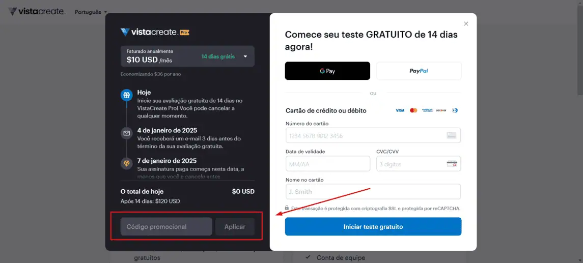 Onde inserir cupom de desconto VistaCreate