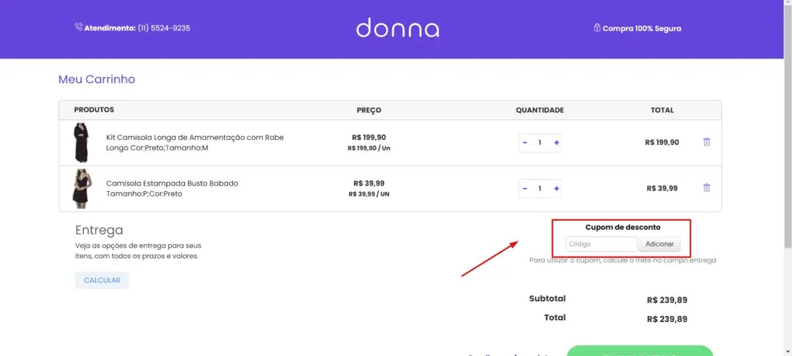 Onde inserir cupom de desconto Donna Sacoleira