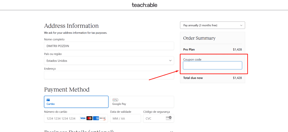 Onde inserir cupom de desconto Teachable